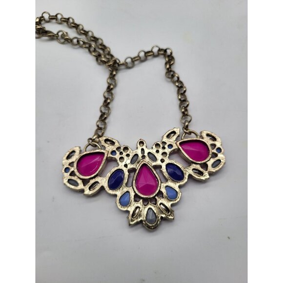 J. Crew Bold Colorful Chunky Statement Necklace Jewel Tones Blue Clear Fuchsia - Picture 11 of 12